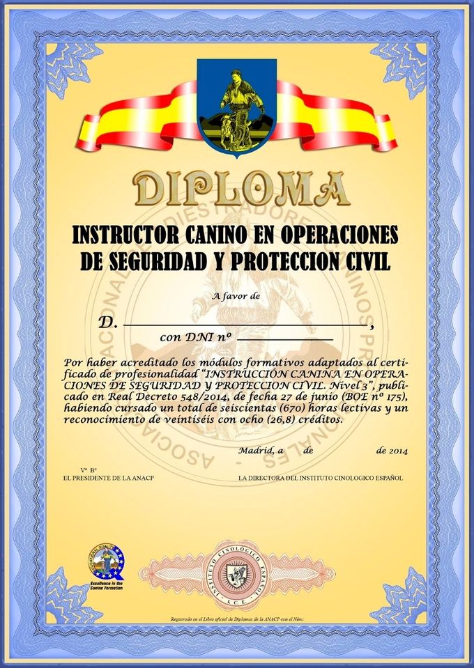 Modelo de Diploma de Instructor Canino en Operaciones de Seguridad y Protección Civil certificado por la ANACP.